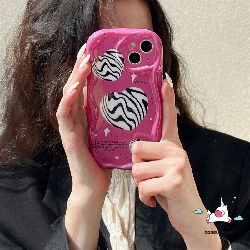 Casing Ponsel Kompatibel Untuk iPhone 7Plus XR 11 14 12 13 Pro Max X 7 8 6s 6 Plus XS Max SE 2020 Ins Fashion Love Heart 3D Wavy Curved Edge Shockproof Lembut Glossy Penutup Belakang