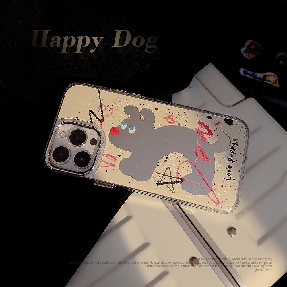 IPHONE Ins Splash Ink Anjing Kartun Plating Cermin Casing Transparan Untuk Iphone14 11 12 13 PRO MAX Casing Cover Pelindung AT0255