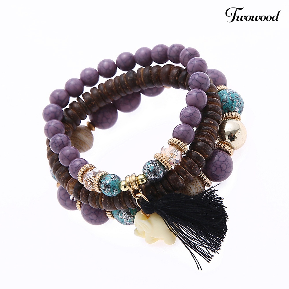 Twowood Etnik Wanita Gajah Rumbai Pesona Faux Turquoise Beads Multilayer Bracelet