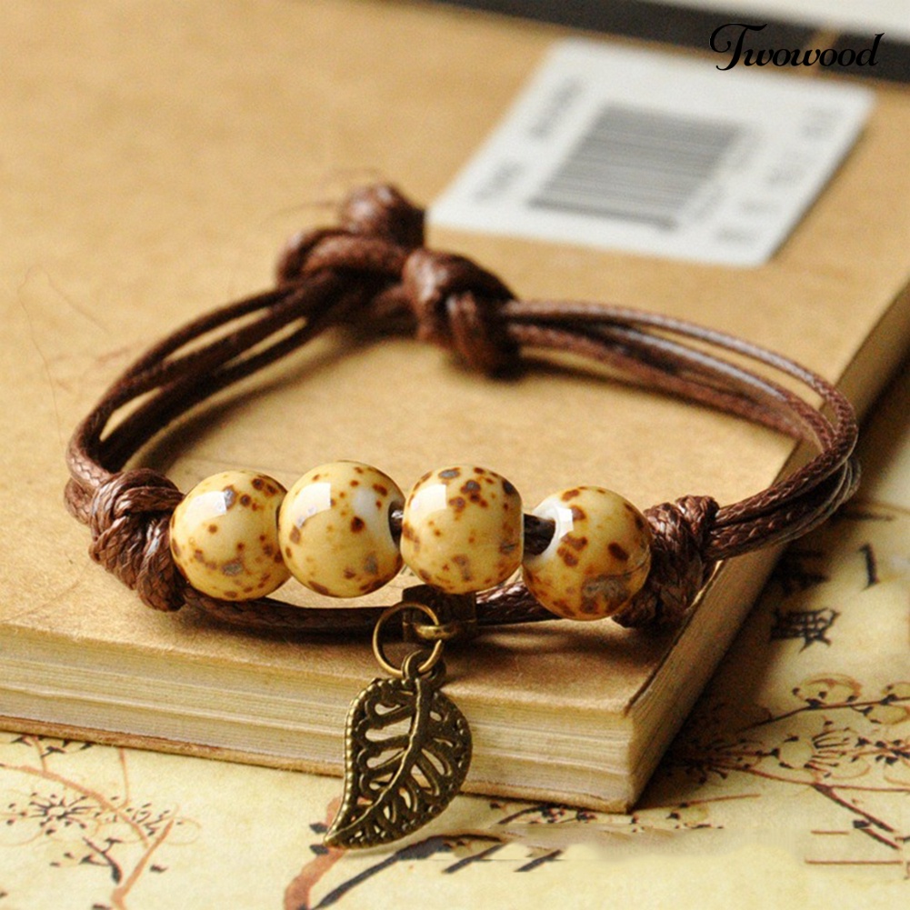 Twowood Etnik Daun Kucing Pesona Keramik Manik-Manik Gelang Wanita Handwoven Perhiasan Hadiah