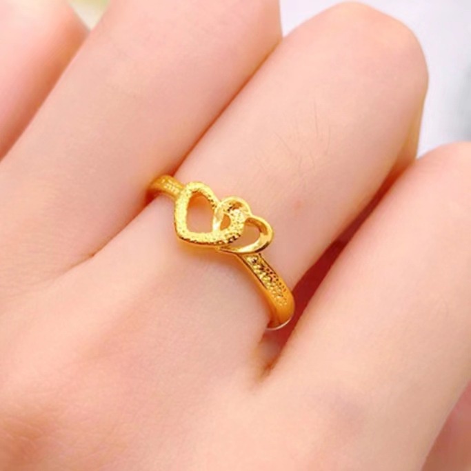 Cincin Cinta Hati Ganda Tiga Dimensi Emas Sederhana Untuk Wanita Kesederhanaan Pembukaan Cincin Perhiasan Hadiah Anniversary Kekasih