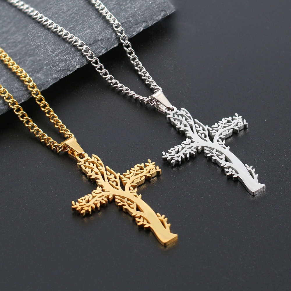 [X C Kalung] Emas &amp; Perak Baru Hip-hop Punk Retro Life Tree Cross ​Kalung titanium Steel Liontin Anti Karat Untuk Perhiasan Hadiah Liburan Pria Dan Wanita