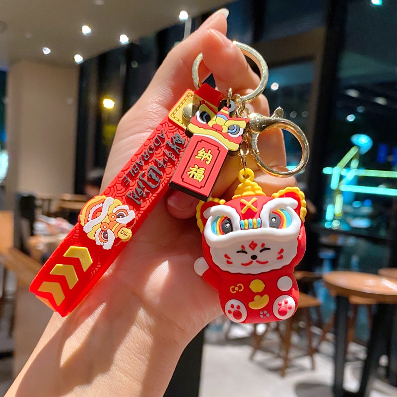 Cute 3D Chinese Style Dancing Lion Cat Anti-lost Strap Keychain for Car Home Keys Bag Backpack Bluetooth Earphone Case Cover Pendant Decoration