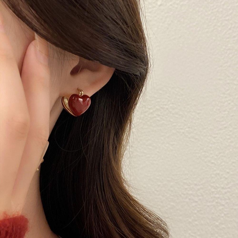 Mxbeauty Anting Gaya Korea Merah Trendy Pesta Elegan Glasir Paduan Sederhana Vintage Jantung Telinga Gesper