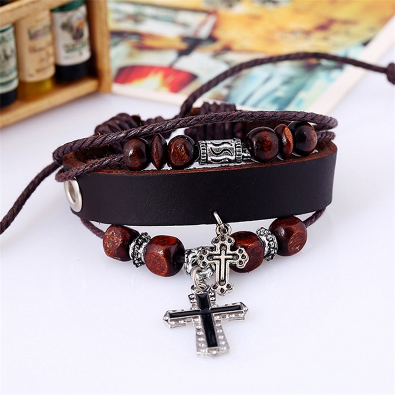 Multi Layer Gelang Kulit Set Untuk Pria Liontin Salib Manik-Manik Tali Dikepang Adjustable Gelang Perhiasan Aksesoris