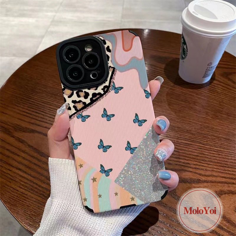 IPHONE Tekstur Retro Butterfly Phone Case Kompatibel Untuk Iphone7 8 Plus 11 12 13 14 Pro MAX XR X XS MAX 7Plus Mewah Kulit Leopard Bling Jahitan Kontras Shockproof Tpu Soft Cover