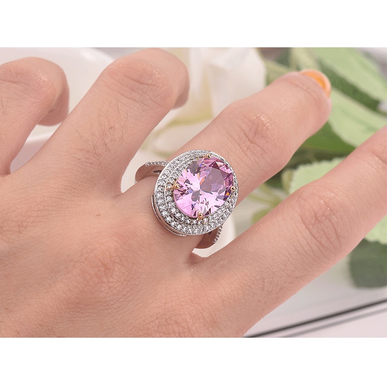 Goldkingdom Aksesoris Perhiasan Fashion Ready Stock Oval Micro-Hias Cincin Berlian Merah Muda Elegan Pernikahan Cincin Wanita.