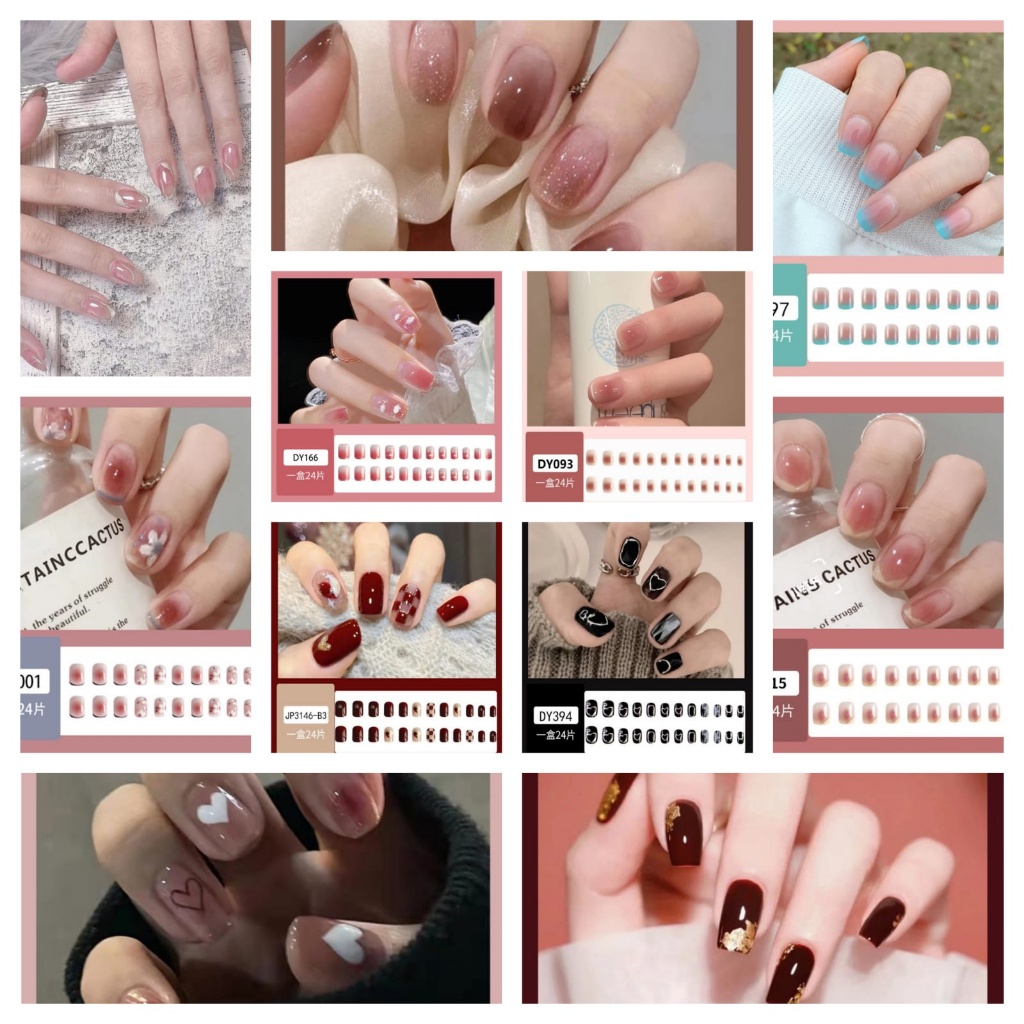 ♫ Megata ♫ FN Kuku Palsu 24 Pcs Free Lem Cair Matte Glossy Motif Cute Dan Lem Kuku Nail Art Kotak