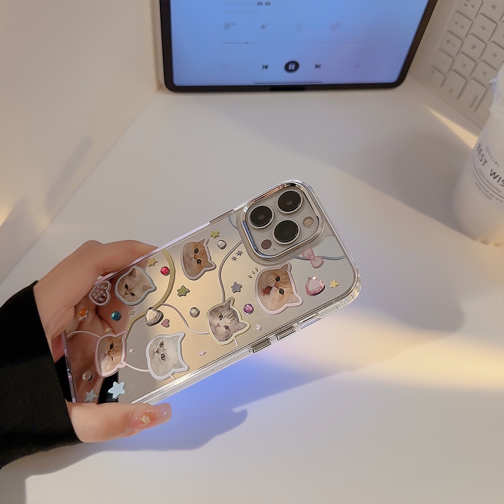 IPHONE Cute Kitten Cat Heads Emoji Phone Makeup Mirror Case Penutup Pelindung Dengan Manik-Manik Berlian Imitasi Berwarna Untuk Iphone11 12 13 14 PRO MAX