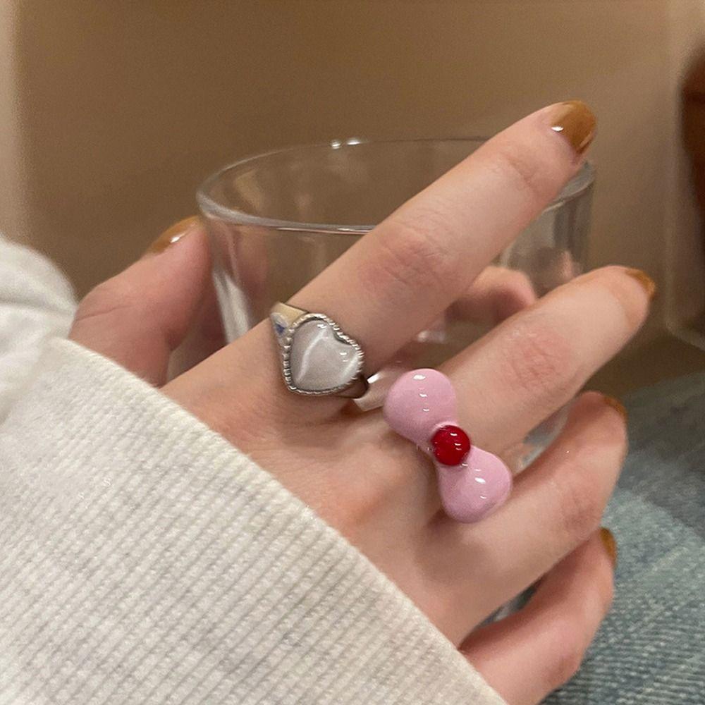 Mxbeauty Wanita Pembukaan Cincin Trendi Indah Hati Halus Enamel Kucing Merah Muda Busur-Simpul Gadis Hadiah Kelinci Gaya Korea Cincin