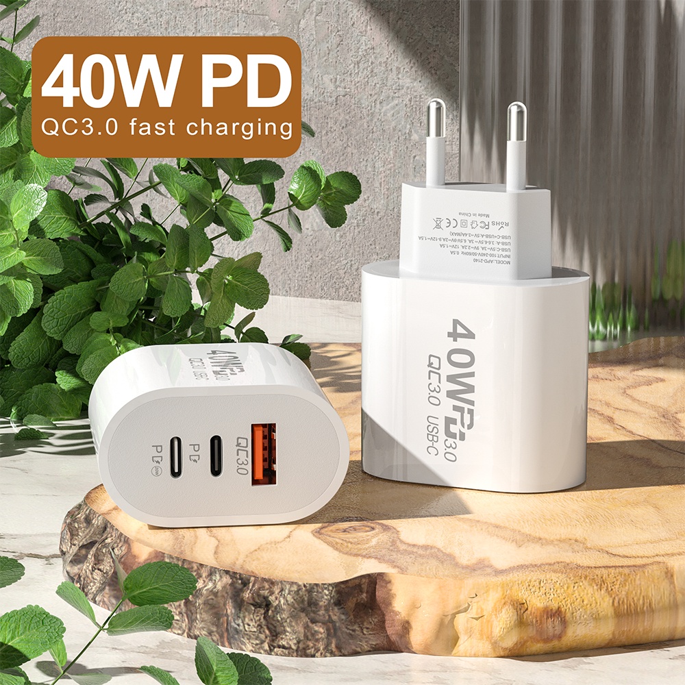 40w Dual PD QC 3.0 Adapter Blok USB-C Ponsel Adaptor Daya Beberapa Port Charger Cepat US EU Fast Charging Plug Portable 3-Port Charger Dinding