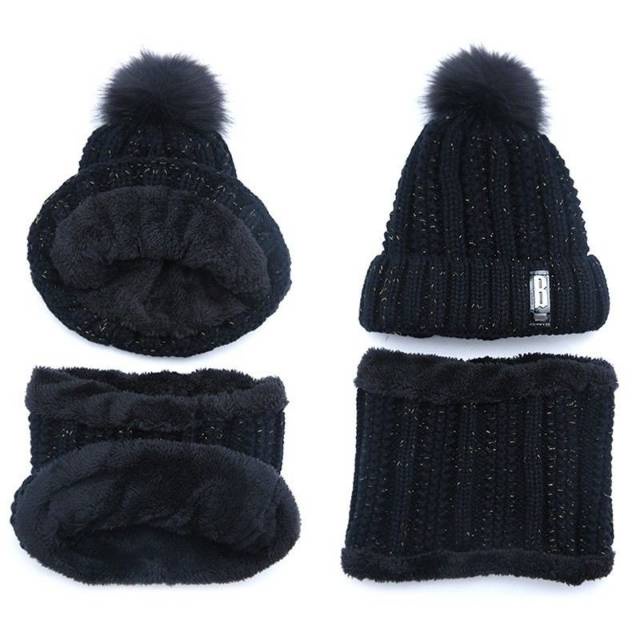 Winter Knitted Beanie Pompom Scarf Set Woman Kids Fur Inside / Topi Kupluk + Syal Rajut Wanita Anak