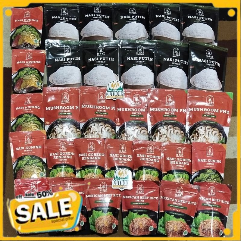 

SALE Makanan Instan H EAT Makanan Gunung Nasi Putih, Nasi Kuning, Mashroom Pho, Nasi Goreng Rendang