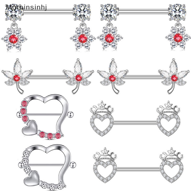 Mornin 1Pcs Fashion Bunga Puting Kristal Jantung Nipple Barbel Nipple Rings Perhiasan Tubuh Untuk Wanita id