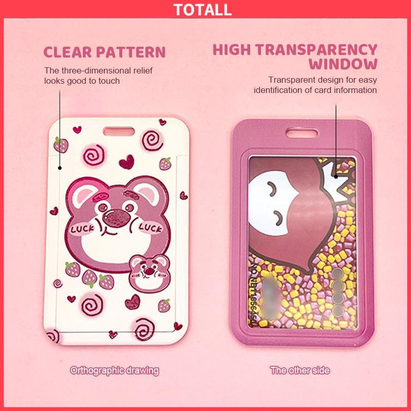 COD Strawberry Bear Slid Cover Plastik Kartun Set Kartu Mahasiswa Kampus Kartu Tali Panjang Pelindung-Totall