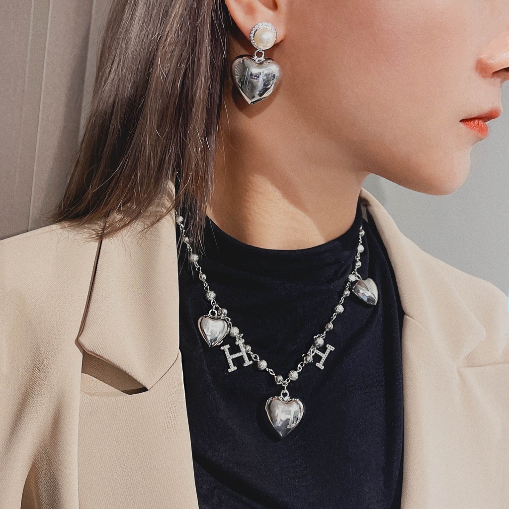 Goldkingdom Aksesoris Perhiasan Fashion Ready Stock Huruf H Kalung Anting Hati Klavikula Anting Mutiara