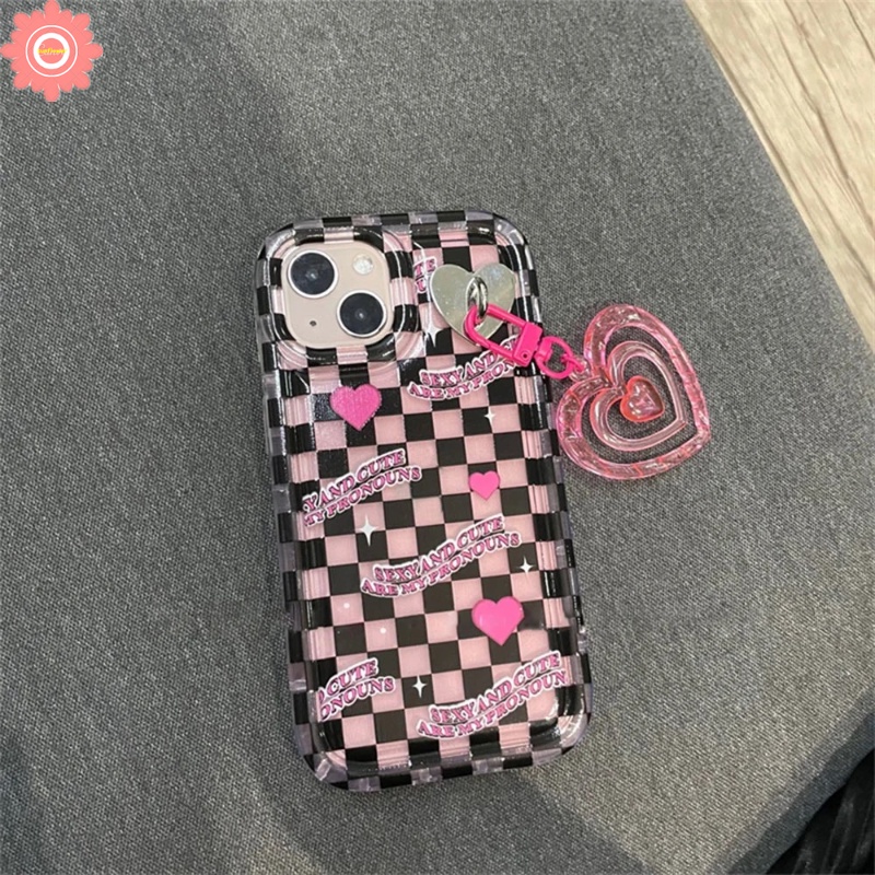 Kawaii Casing Untuk Redmi 12C 10C 9a1 10 9T 9C NFC 10A 9A Redmi Note10 11 11s 10s 9 Note8 Note9 POCO F4 Korea Lucu Kotak-Kotak Kisi 3D Cinta Hati Liontin Shockproof Soft Case