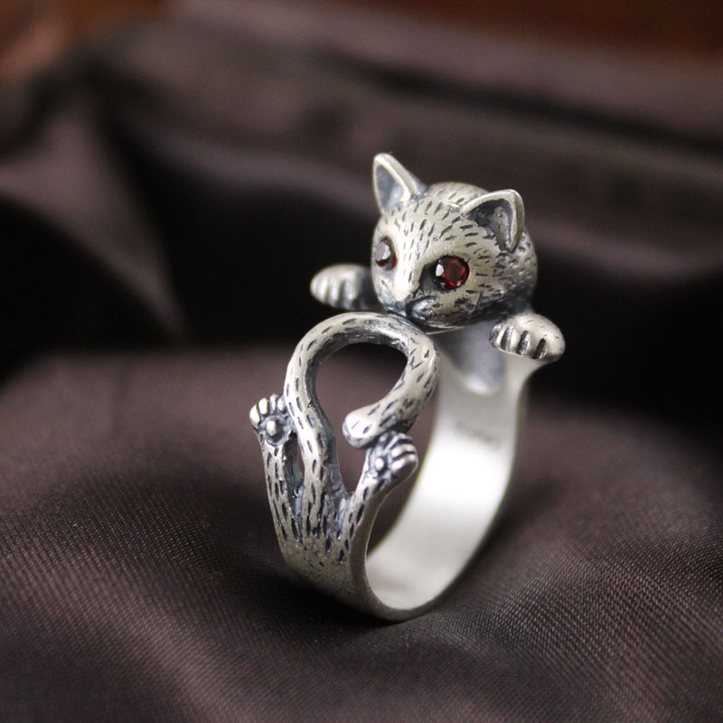 Goldkingdom Fashion Perhiasan Aksesoris Ready Stock Vintage Mata Merah Kucing Beruntung Vintage Thai Silver Cincin Fashion Wanita Kitten Ring