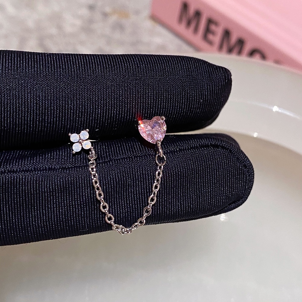 S925 Anting Perak Merah Muda Zirkon Busur Hati Tulang Telinga Stud Wanita Fashion Aksesoris