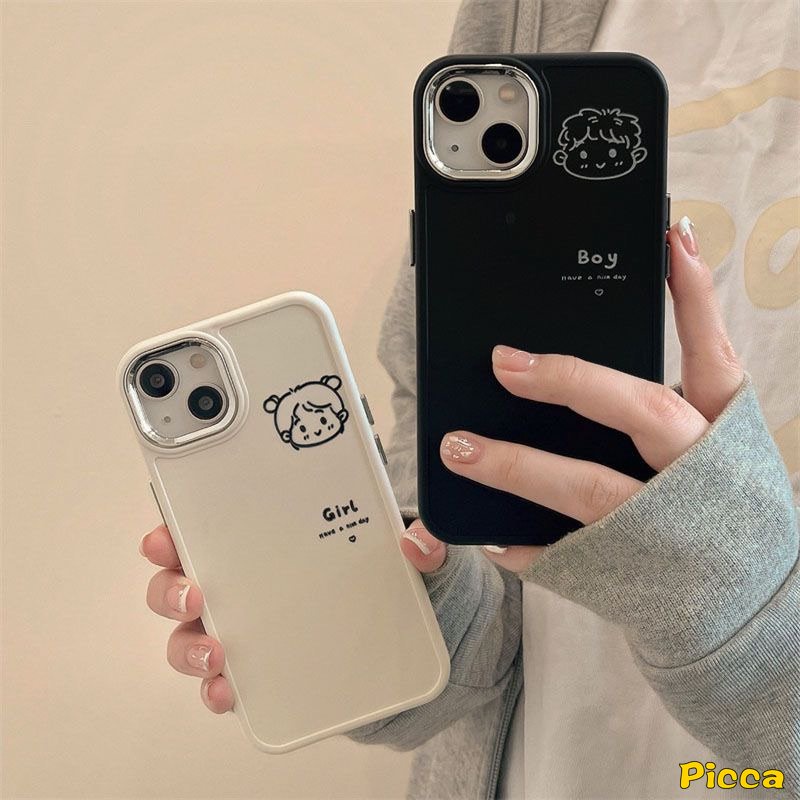 IPHONE Casing Frame Lensa Logam Plating Mewah Kompatibel Untuk Iphone7 8plus11 13 14 12 Pro MAX X XR XS MAX 7plus 8plus Kartun Pasangan Lucu Cowok Cewek Lembut Penutup Belakang