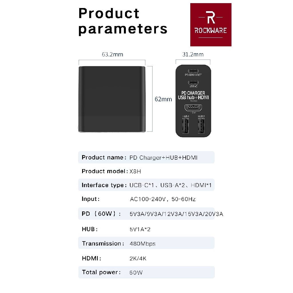 ROCKWARE WLX-X8H - Portable Travel Charger PD Charging with HDMI
