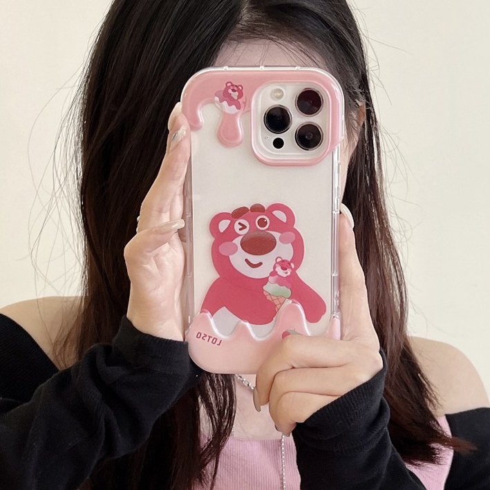 【3D Ice Cream】Strawberry Bear Summer 3D Soft Case IPhone XR XS Max 11 12 13 14 Pro Max 14 Plus for Women Girl Gift Cartoon Lovely Winnie the pooth Bear