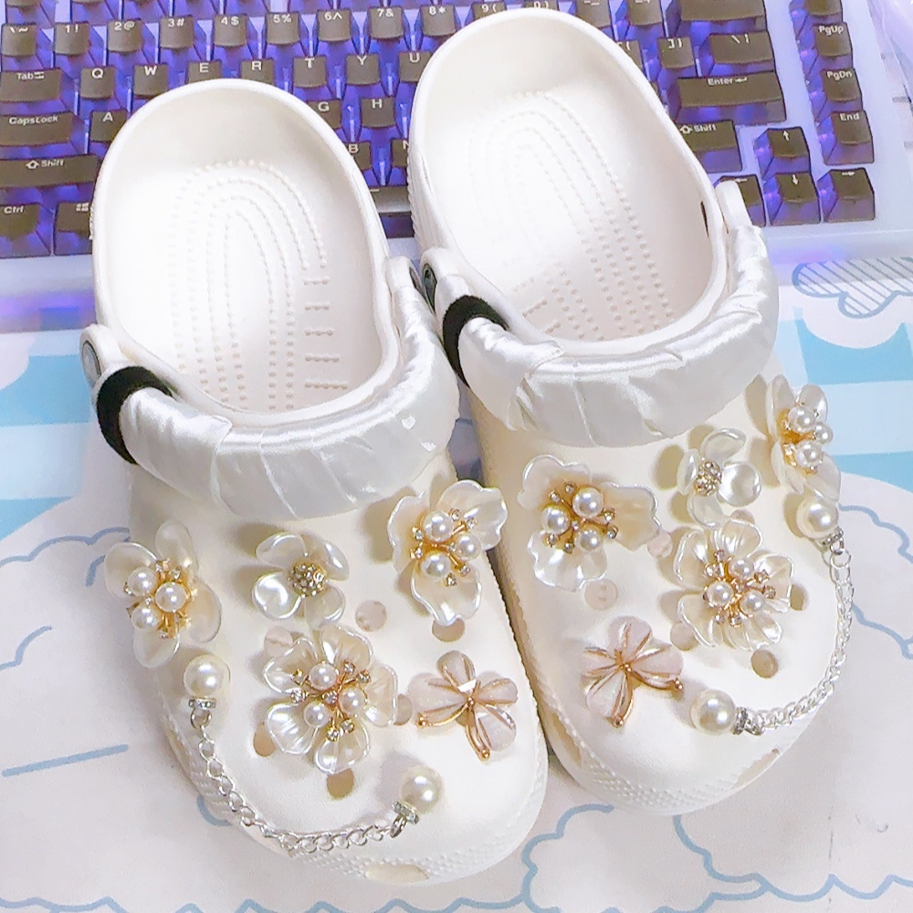 10pcs+2chain Baroque Pearl Flower Set Crocs Jibbitz Charm Diy Aksesoris Sepatu Wanita Pesona Sepatu Untuk Wanita/Cewek [Tidak Termasuk Sepatu]