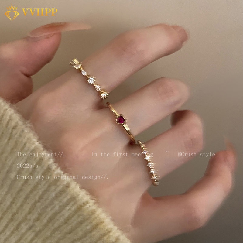 3pcs/set Cincin Set Zirkon Merah Muda Untuk Wanita Cincin Kristal Manis Cincin Emas Perhiasan Aksesoris