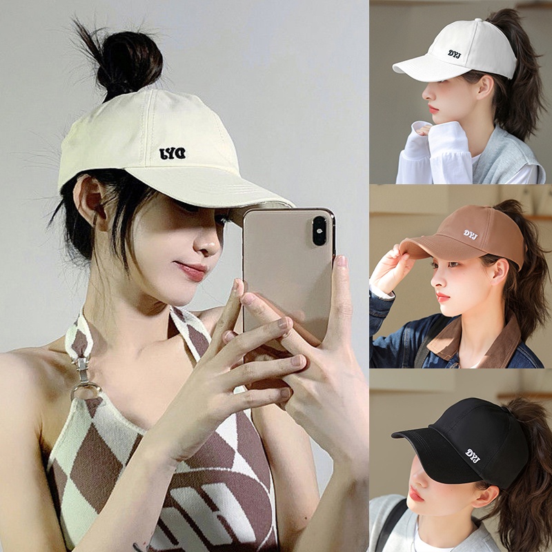 Topi Baseball Wanita Lari Pelindung Matahari Lembut Atas Kasual Bisa Ikat Huruf Ponytail Tinggi Topi Kosong