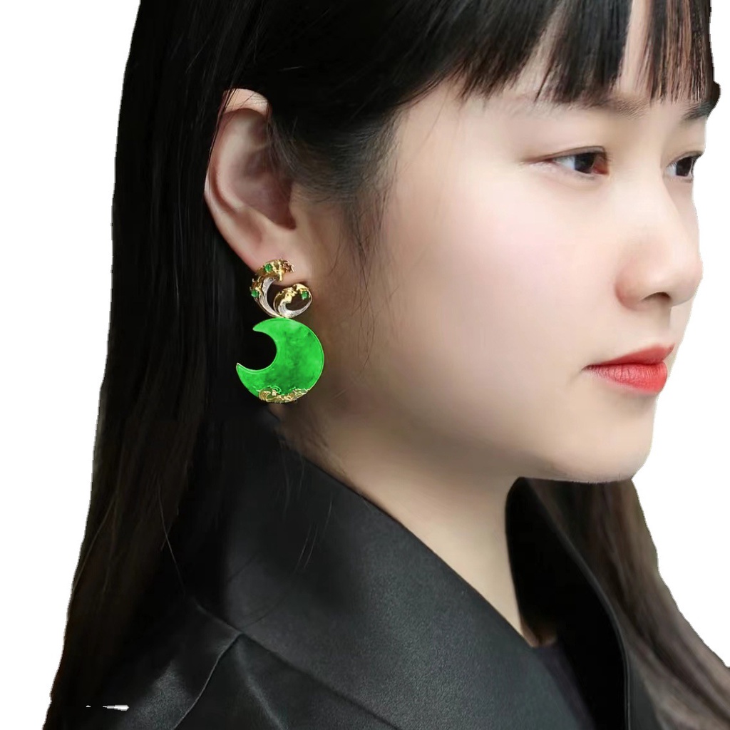 Goldkingdom Fashion Perhiasan Aksesoris Ready Stock Cinta Abadi Giok Kalsedon Kalung Bros Dengan Dua Liontin Batu Akik Giok Bulan Pasang Anting