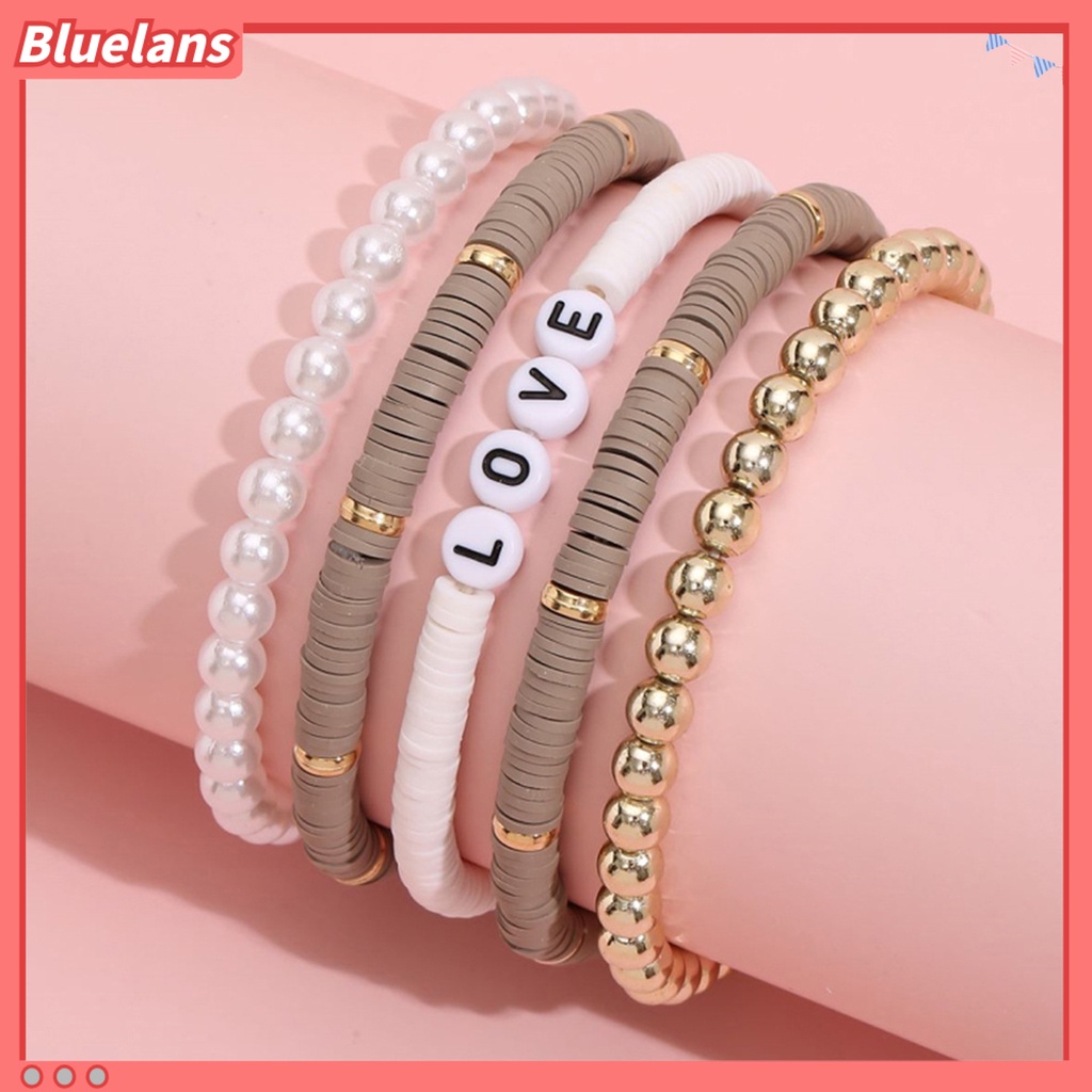 [BLS] 5pcs Unisex Gelang Warna-Warni Bohemian Polymer Clay Love Huruf Mutiara Imitasi Gelang Untuk Pesta