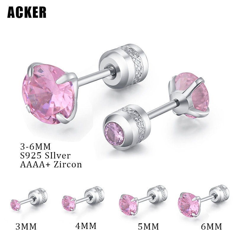 [ACKER] 3-6mm 1pasang 925silver Titanium Stainless Cubic Zirconia Berlian Pink AAA+Zircon Anting Tusuk Untuk Wanita /Pria