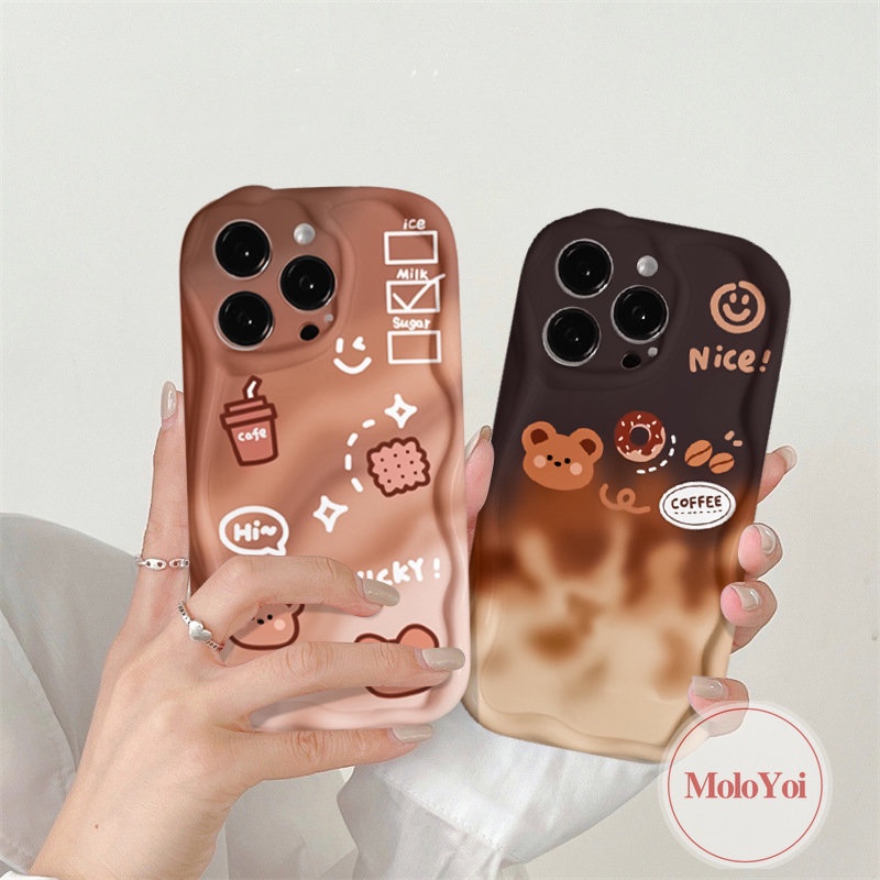 IPHONE Smiley Coffee 3D Wavy Curved Edge Glossy Case Kompatibel Untuk Iphone11 12 13 14 Pro Max XR X XS Max 7Plus 8 6s 6 7 Plus SE 2020 Lucu Kartun Beruang Gradien Telepon Tpu Soft Cover