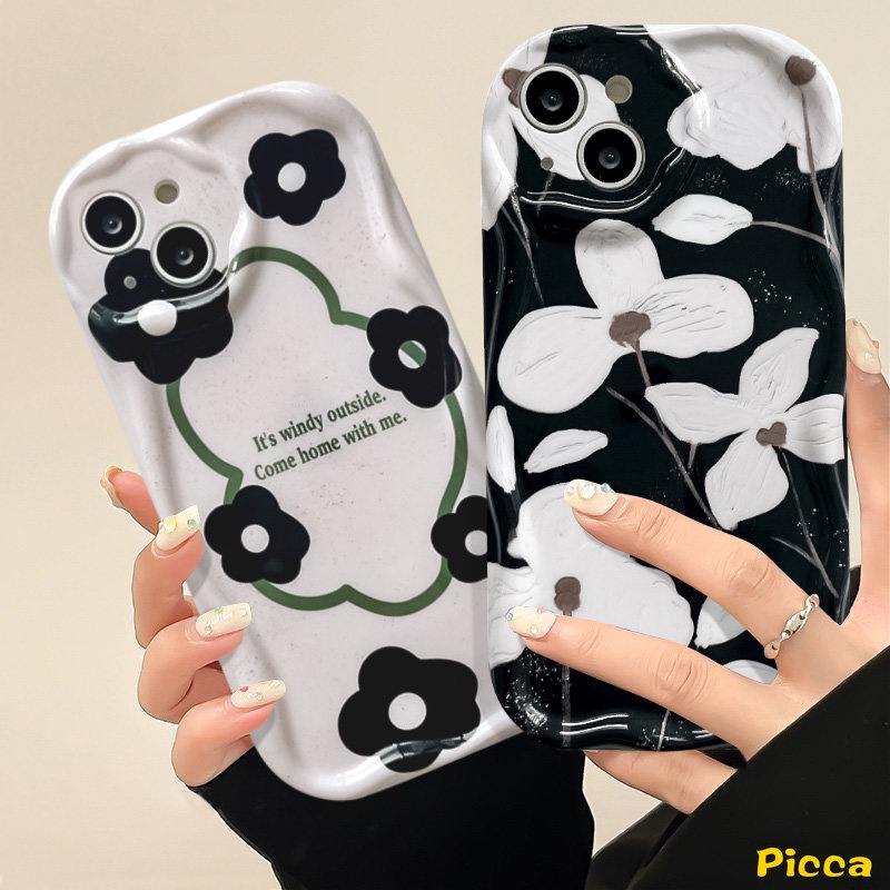 Casing Bunga Segar Untuk Oppo A16 A15 A17k A16K A95 A17 A77 A1k A92 A53 A3s A74 A54s A9 A5 A76 A16E A5s A31 A16s A52 A77s Hitam Retro Art Flower 3D Wavy Curved Edge Soft Cover Case