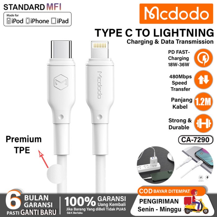 Mcdodo Kabel Charger iPhone Type C To Lightning Fast PD QC 18W MFi - CA-7290 1.2M