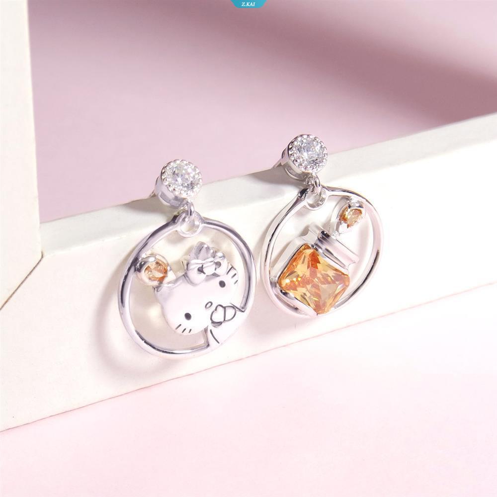 Sanrio Kawaii Fantasy Paradise Hello Kitty Jam Kristal925Perak Anting Stud Earrings Kwaii Perhiasan Hadiah Ulang Tahun Gadis Anting [ZK]