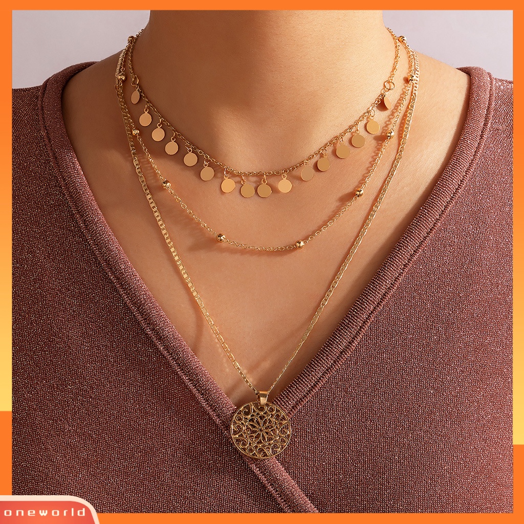 [ONE] Kalung Berongga Bulat Liontin Perhiasan Aksesoris Alloy Fashion 3lapis Choker Necklace Untuk Wanita