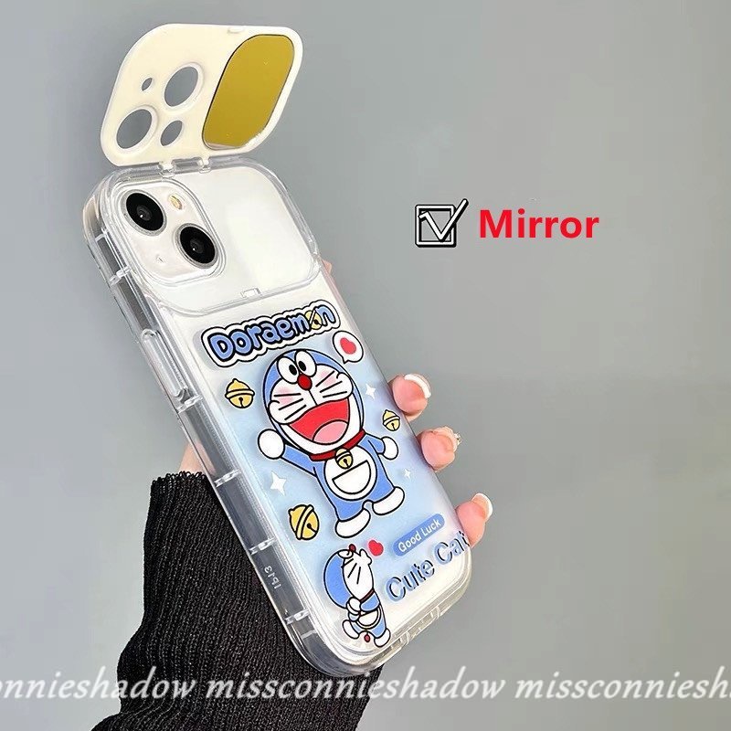 Case Untuk Oppo A15 A15s A12E A57 A77 A11K A35 A77s A9 A5 A31 A33 2020 A5s A3s A53 A12 A7 Kreatif Flip Make Up Cermin Kartun Doraemon Kucing Lucu Lembut Penutup Belakang