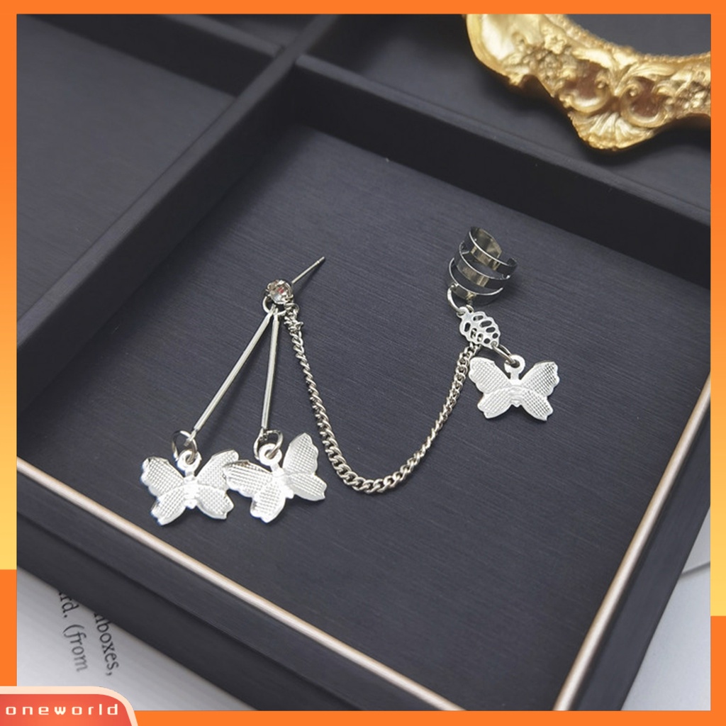 [ONE] 1pasang Kupu-Kupu Wanita Anting Keren Punk Warna Perak Link Rantai Tulang Rawan Klip Anting Fashion Perhiasan Hadiah