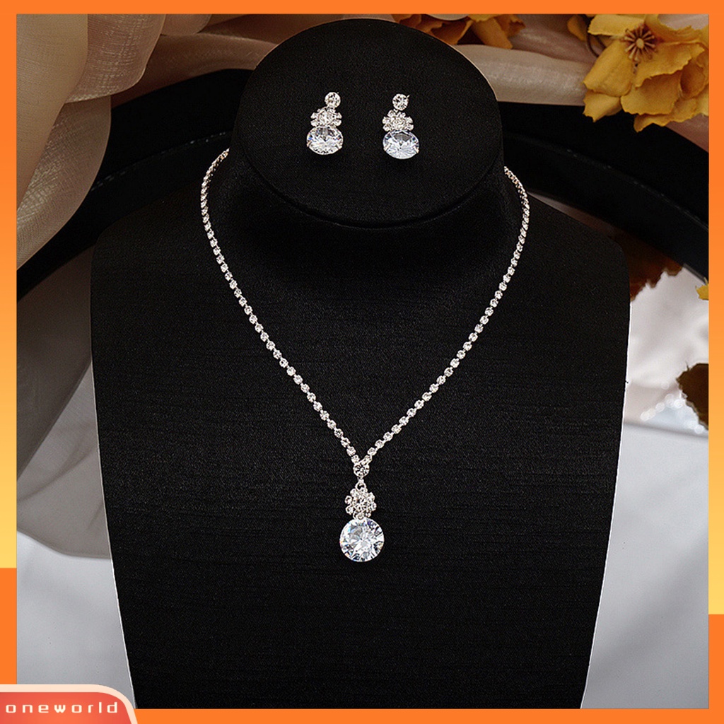 [ONE] 1set Set Perhiasan Pernikahan Elegan Untuk Wanita Cubic Zirconia Kristal Imitasi Choker Kalung Anting Pengantin Berlian Imitasi Aksesoris Fashion
