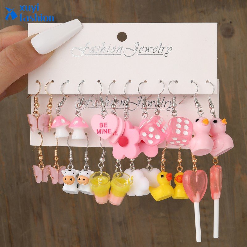 6 /12Pasang Kartun Drop Earrings Pink Bow Heart Kawaii Earring Untuk Wanita Fashion Perhiasan Aksesoris