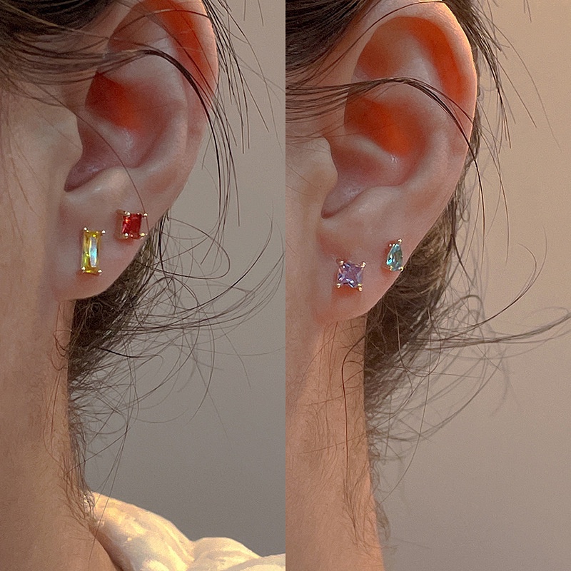 Anting Zirkon Warna Geometris 5buah Set Kombinasi Aksesoris Telinga Sederhana