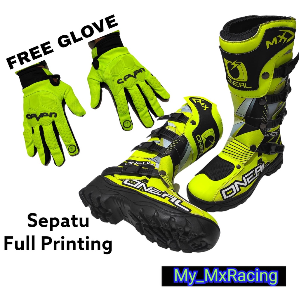 sepatu trail cross ful printing FREE GLOVE dengan desain menarik sepatu FLOU BLACK adventure trabas bots safety kombinasi piyu dan condura print