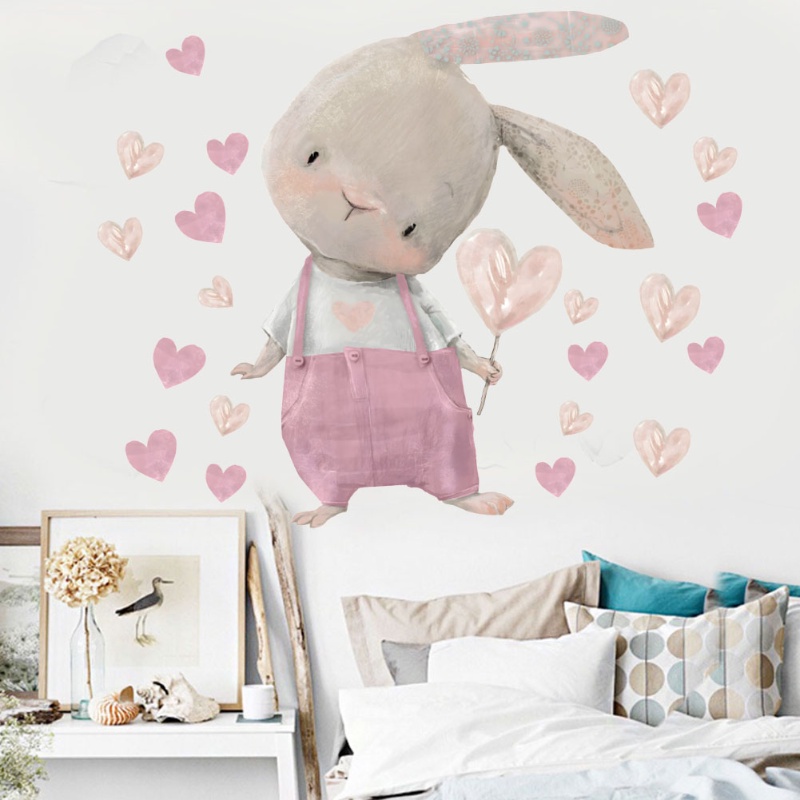 60*40cm Kamar Anak Hias Lucu Bunny Hearts Wall Sticker/Nursery Kawaii Kartun Kelinci Wallpaper Dekorasi