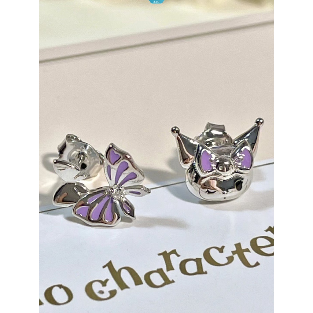 Sanrio Kuromi Warna Perak Kupu-Kupu Zirkon Studs Earrings Desain Tiga Dimensi Double Layer Wing Earrings Perhiasan Wanita [ZK]