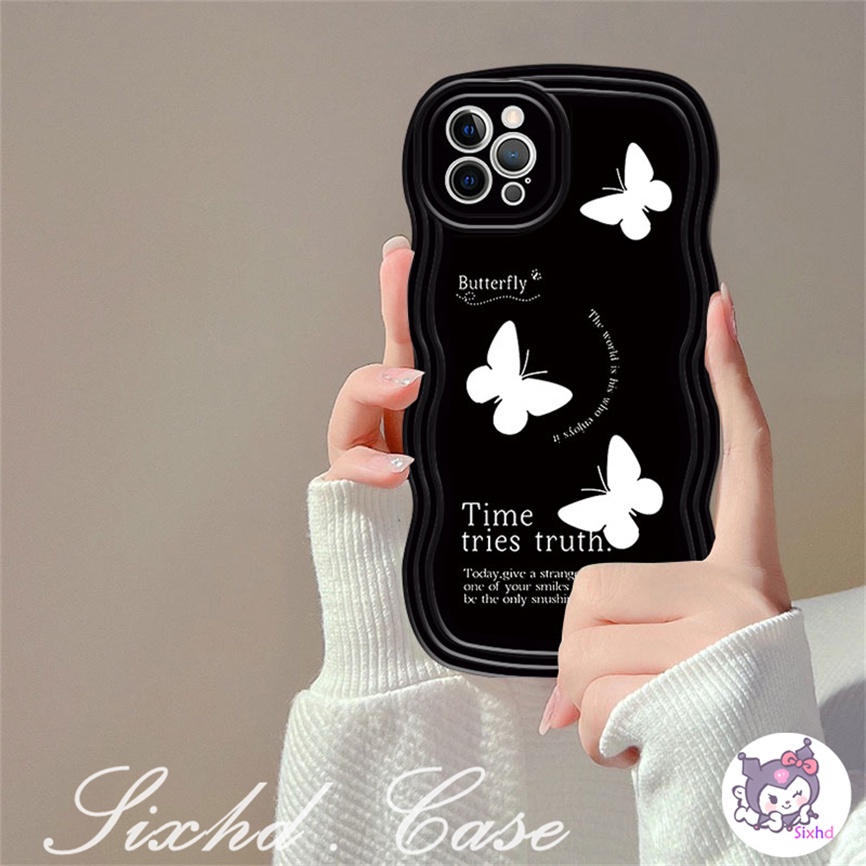 IPHONE Kompatibel Untuk Iphone14 13 12 11 Pro Max SE 2020 X XR Xs Max7 8 6 6s Plus Wave Edge Fashion Hitam Kupu-Kupu Lembut Casing Ponsel Shockproof Case Clear Cover