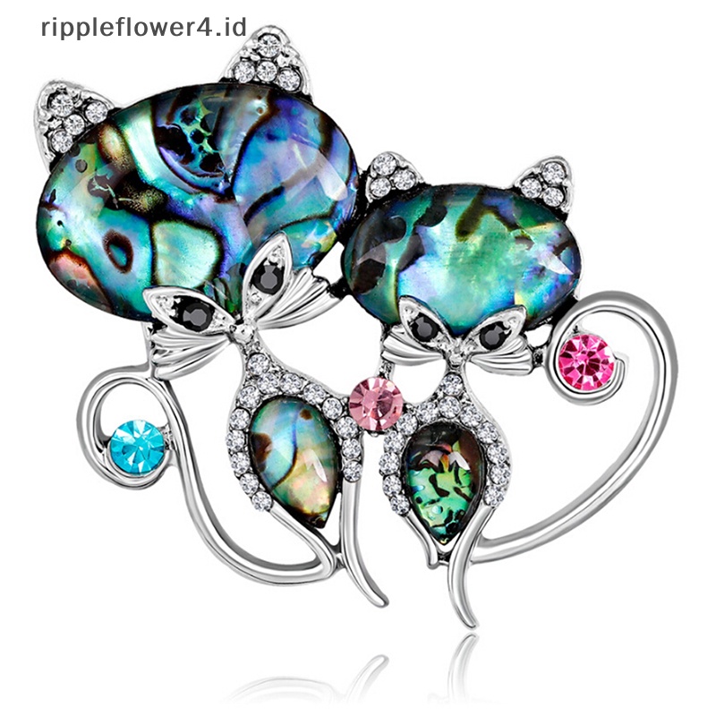 {rippleflower4.id} Perak Abalone Shell Kristal Bros Pin Pernikahan Pengantin Buket Hewan Kucing Bros~