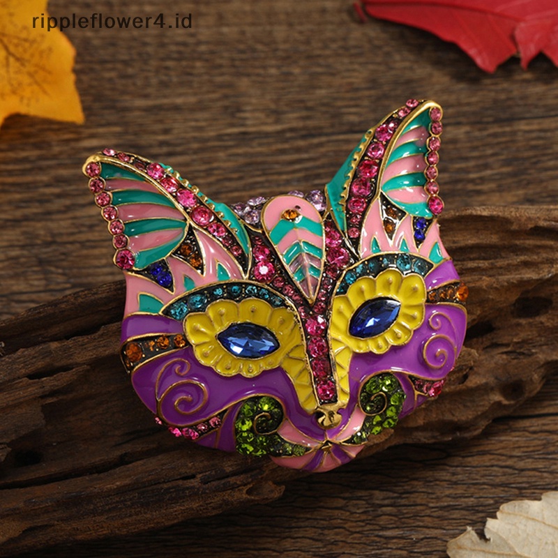 {rippleflower4.id} Besar Berat Multicolor Enamel Berlian Imitasi Kepala Kucing Bros Wanita Pesta Women Gift~