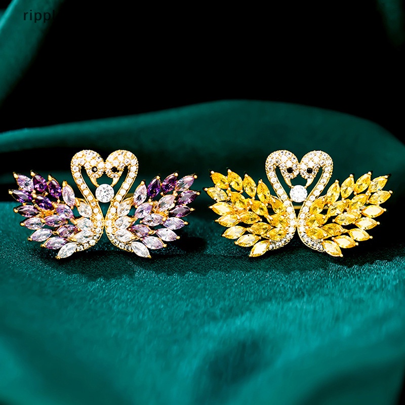 {rippleflower4.id} Fashion Berlian Imitasi Double Swan Bros Wanita Pesta Pakaian Aksesoris Perhiasan Bros Pin Hadiah~