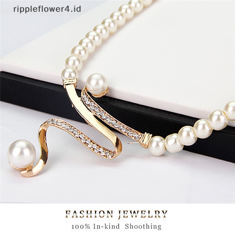 {rippleflower4.id} Baru Wanita Pengantin Pesta Pernikahan Mutiara Berlian Imitasi Kalung Anting Set Perhiasan~
